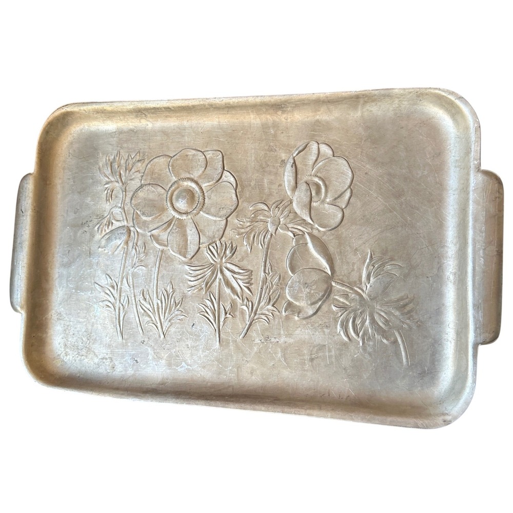Vintage Hammered Aluminum Floral Anemone Serving Tray Handles MCM Metal Silver